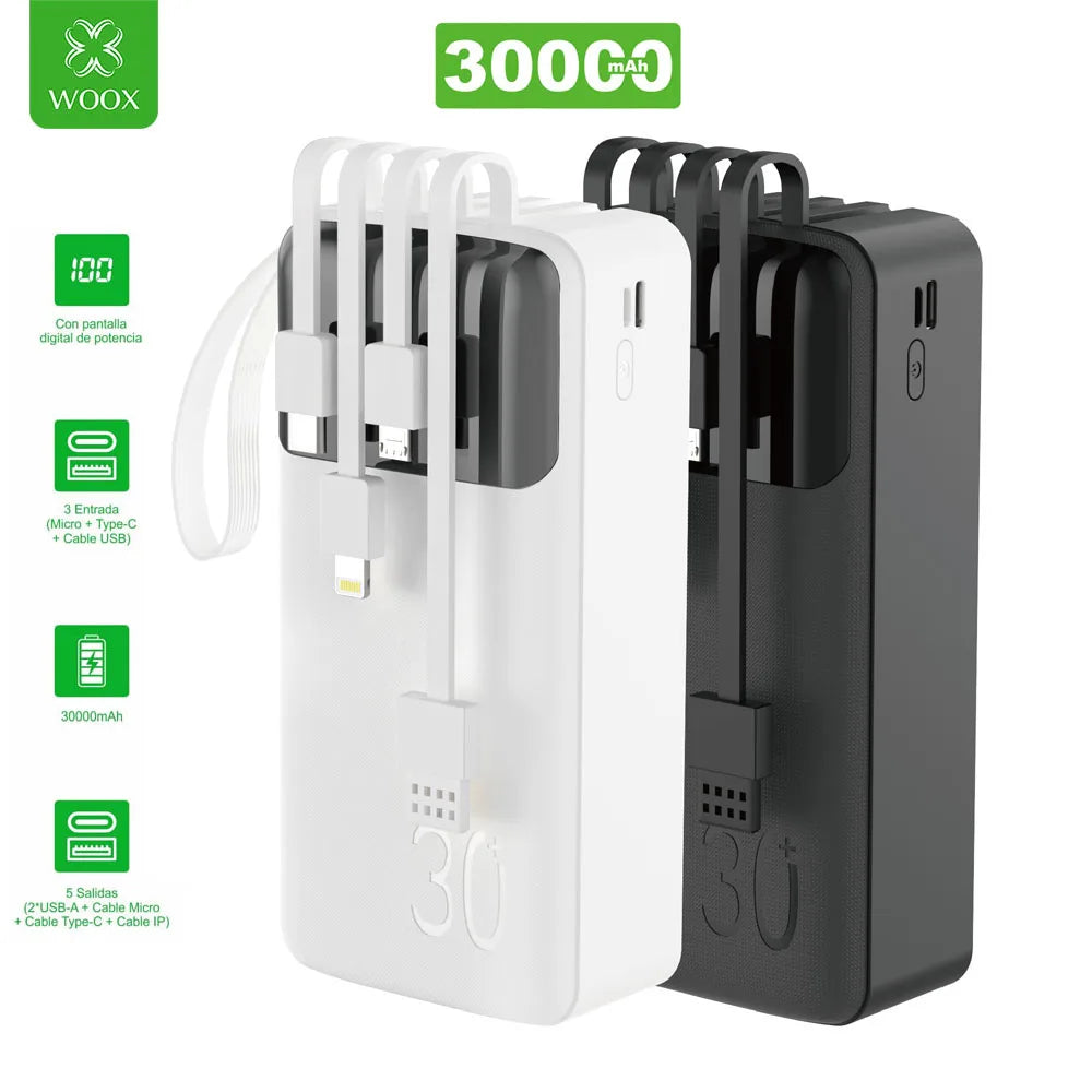 Batería externa de gran capacidad de 30000 mAh con pantalla digital de porcentaje de batería.