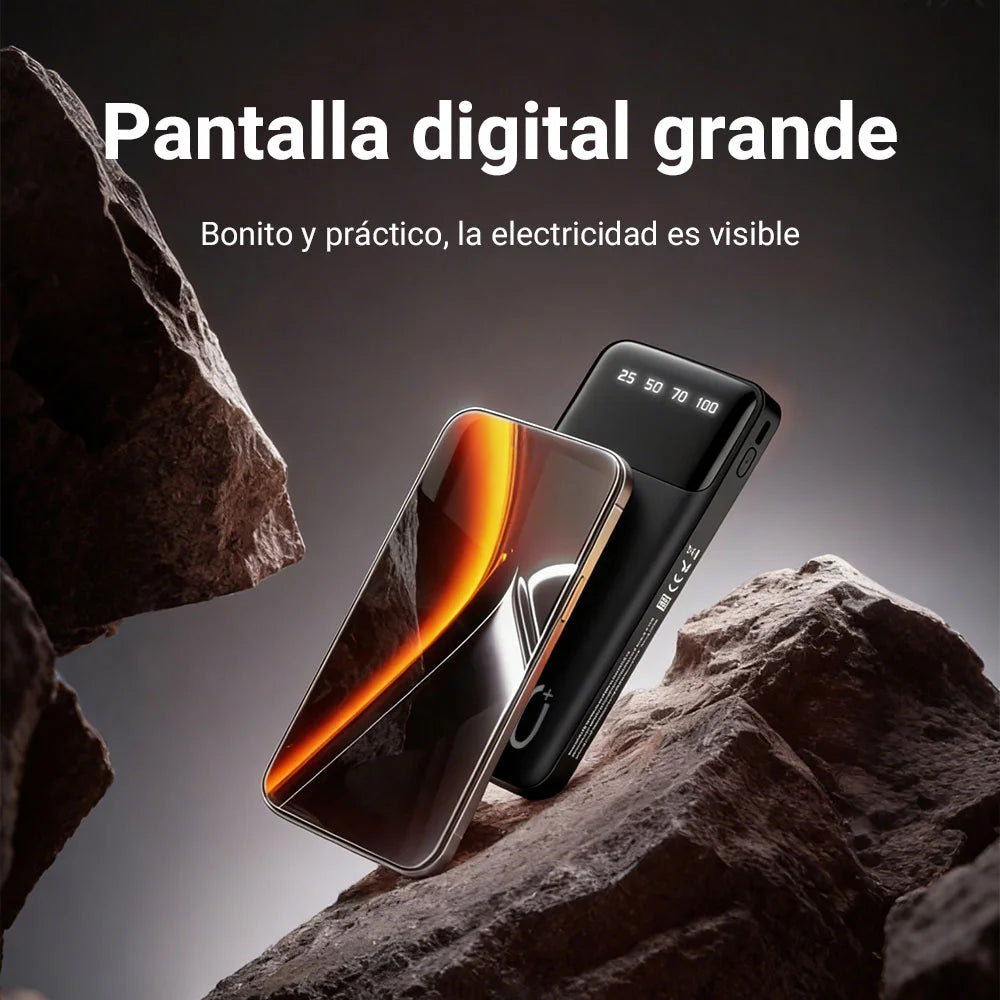 Batería externa de gran capacidad de 30000 mAh con pantalla digital de porcentaje de batería.
