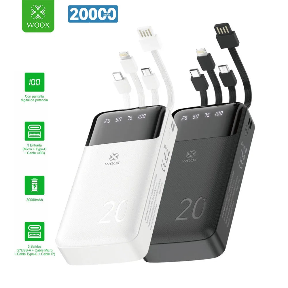 Batería externa de gran capacidad de 30000 mAh con pantalla digital de porcentaje de batería.