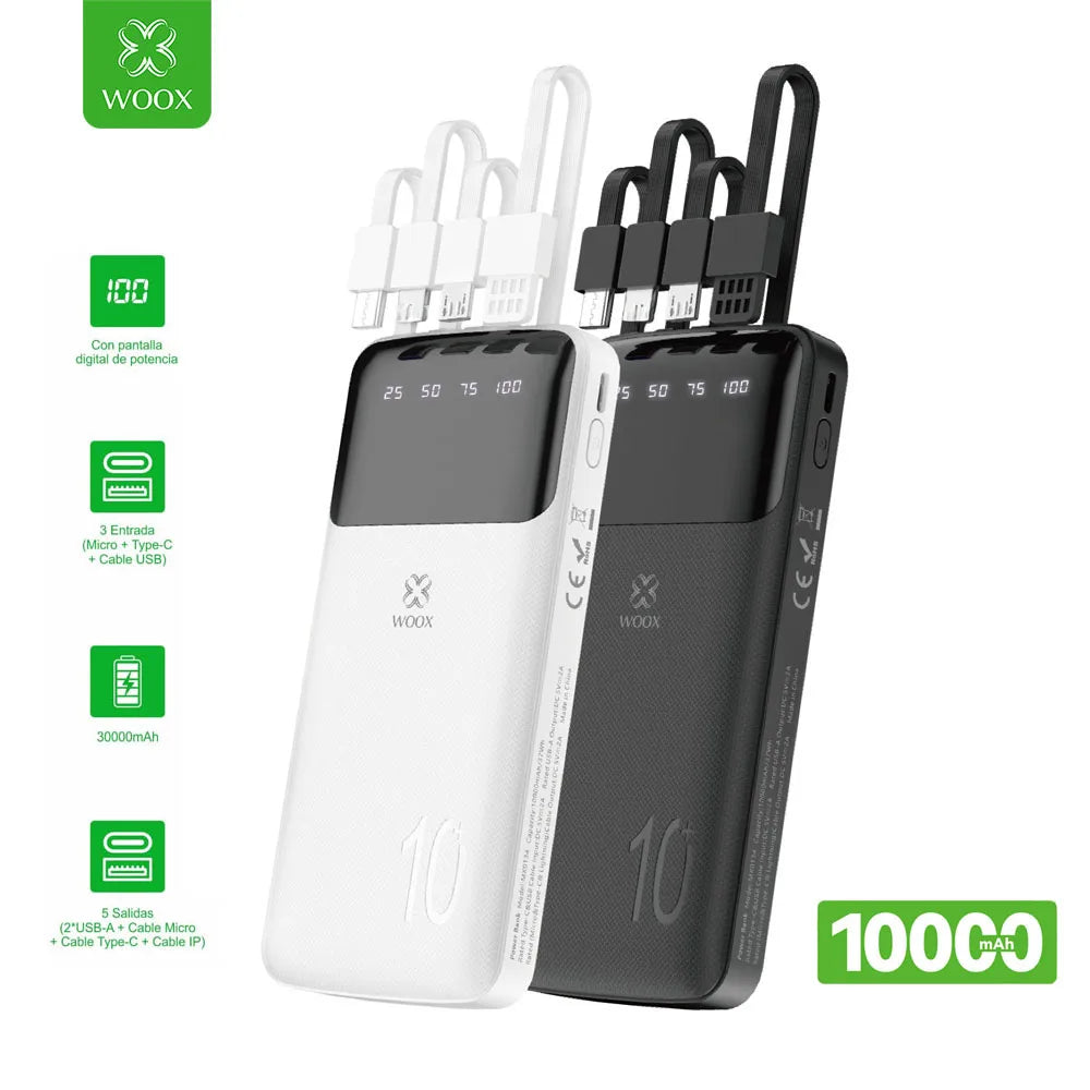 Batería externa de gran capacidad de 30000 mAh con pantalla digital de porcentaje de batería.