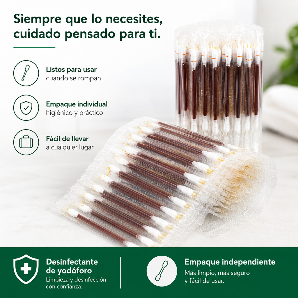 50 Hisopos de Algodón con Alcohol y Yodo para Desinfectar Heridas