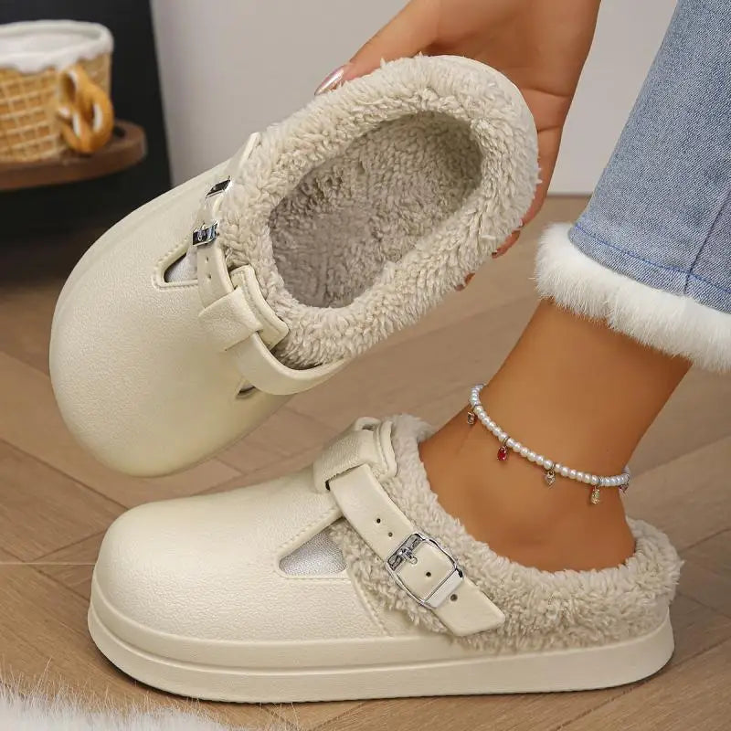 Zapatillas peludas de Eva impermeables para mujer, pantuflas cálidas de felpa.