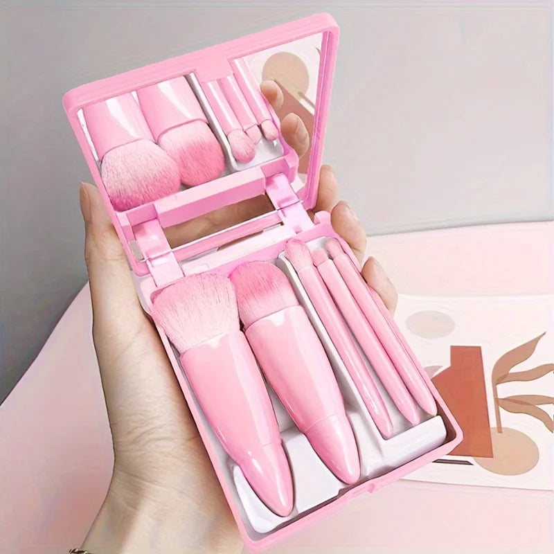 Juego de brochas de maquillaje portátiles de 5 piezas con espejo - Kit de viaje plegable, mini juego de brochas de maquillaje Juego de brochas de maquillaje de viaje