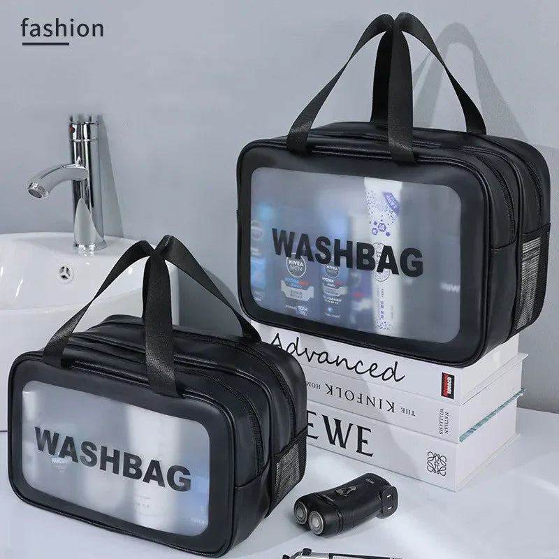 Bolsa de maquillaje de PU transparente doble con separación en seco y húmedo, bolsa de lavado portátil, bolsa de almacenamiento de cosméticos, artículos esenciales para viajes, fitness y natación