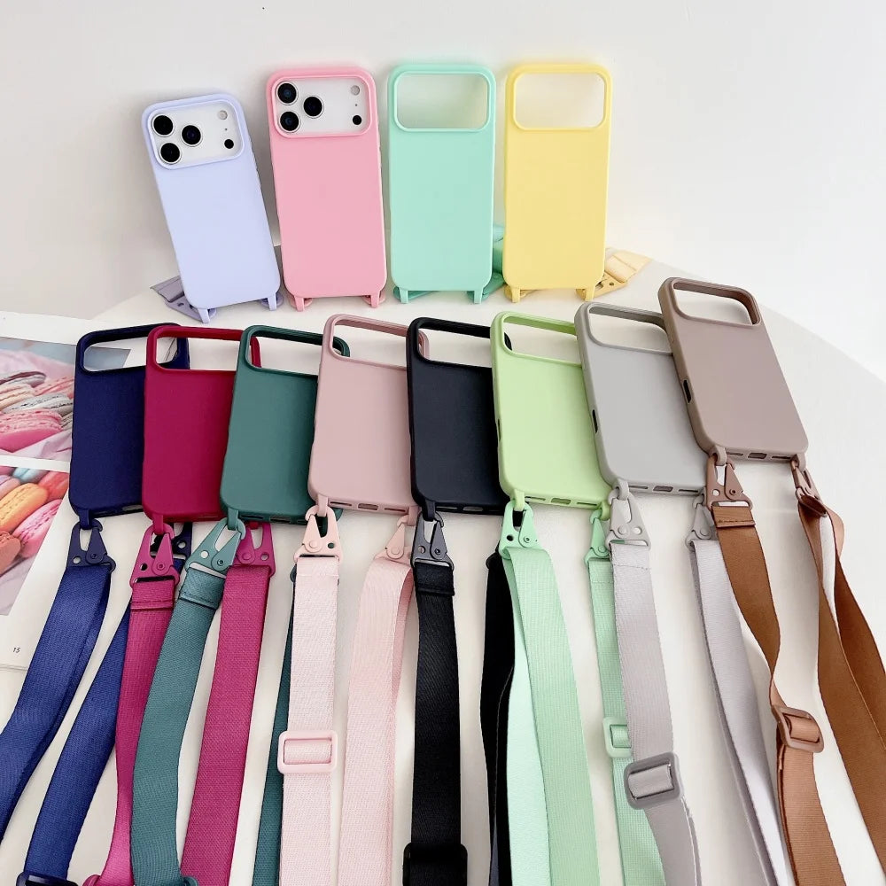 Funda de silicona mate con cordón y correa para collar cruzado para iPhone 17 16 15 14 Pro Max 11 12 13 XR X XS 8 Plus