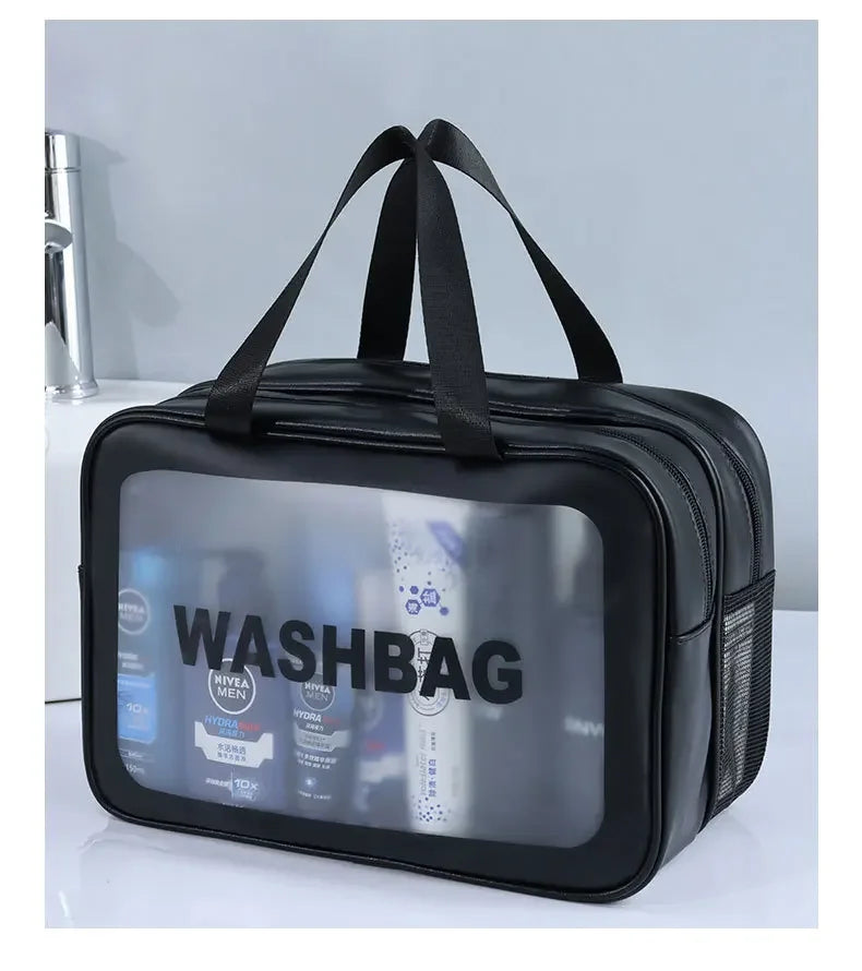 Bolsa de maquillaje de PU transparente doble con separación en seco y húmedo, bolsa de lavado portátil, bolsa de almacenamiento de cosméticos, artículos esenciales para viajes, fitness y natación