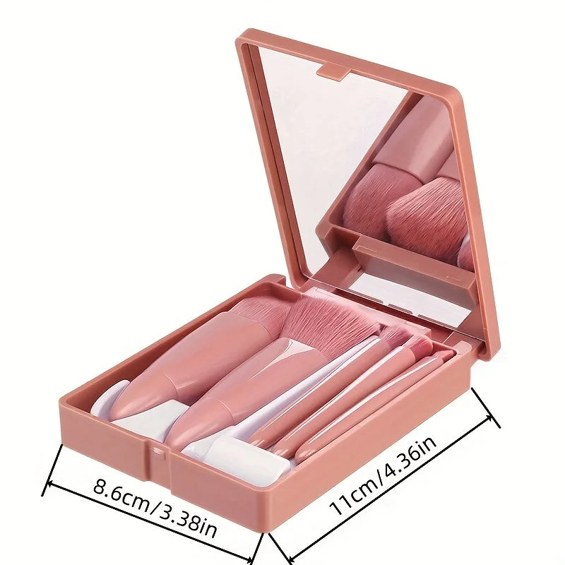Juego de brochas de maquillaje portátiles de 5 piezas con espejo - Kit de viaje plegable, mini juego de brochas de maquillaje Juego de brochas de maquillaje de viaje