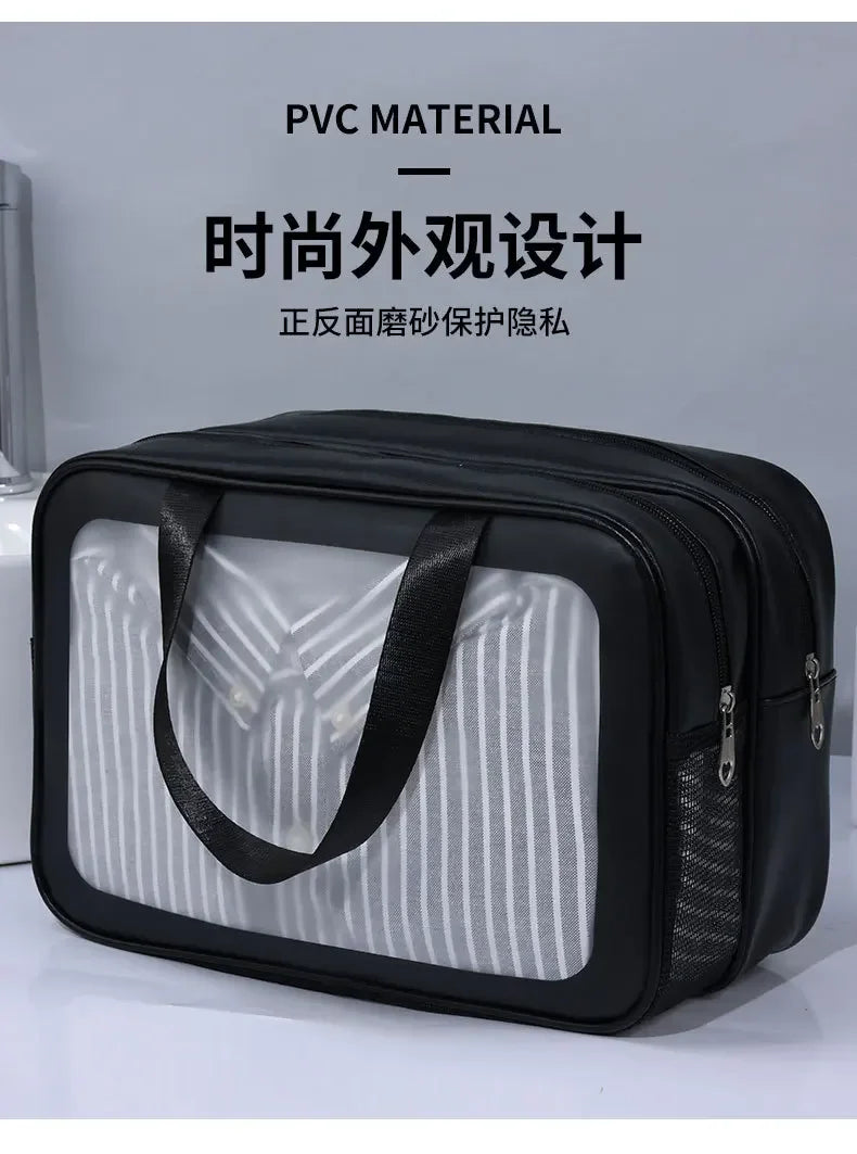 Bolsa de maquillaje de PU transparente doble con separación en seco y húmedo, bolsa de lavado portátil, bolsa de almacenamiento de cosméticos, artículos esenciales para viajes, fitness y natación