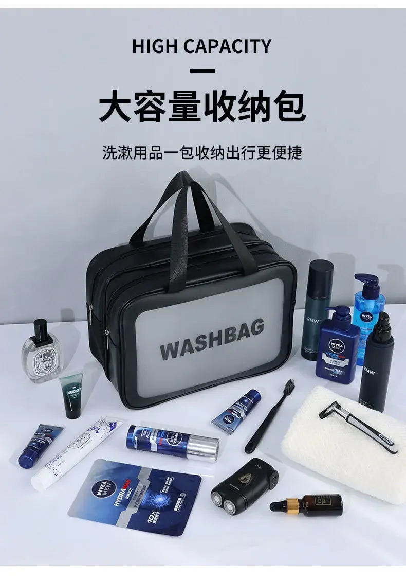 Bolsa de maquillaje de PU transparente doble con separación en seco y húmedo, bolsa de lavado portátil, bolsa de almacenamiento de cosméticos, artículos esenciales para viajes, fitness y natación