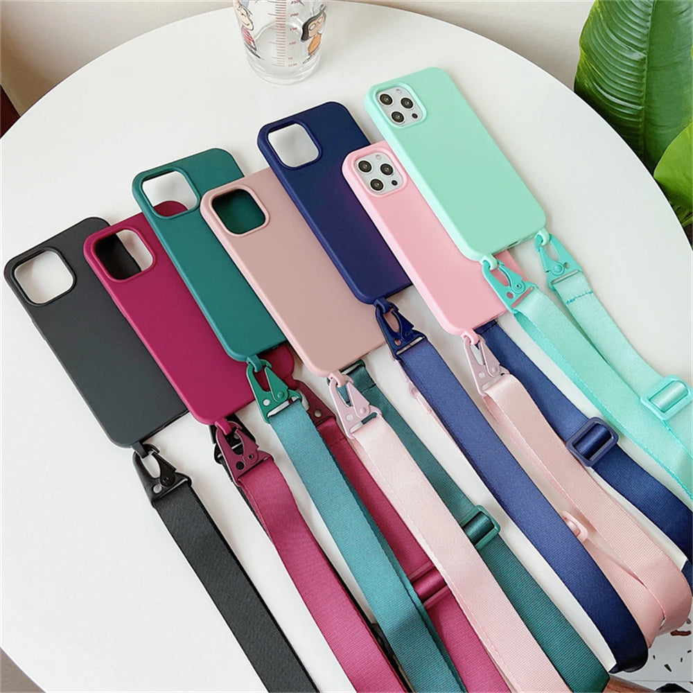 Funda de silicona mate con cordón y correa para collar cruzado para iPhone 17 16 15 14 Pro Max 11 12 13 XR X XS 8 Plus