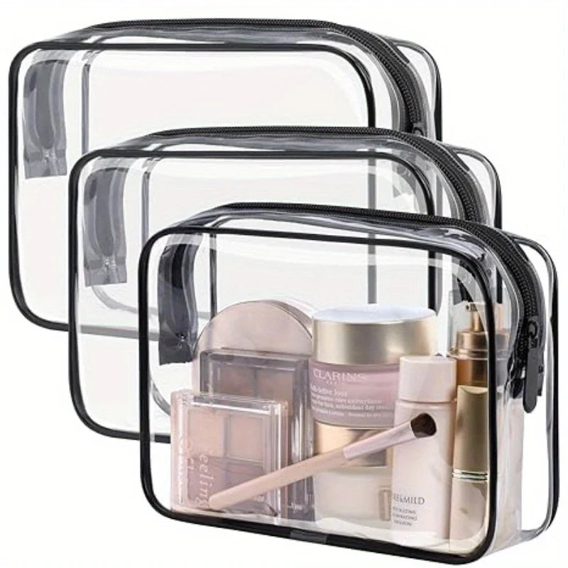 Set de 3 Bolsas de Maquillaje Transparentes con Borde de Color | Organizador de Viaje