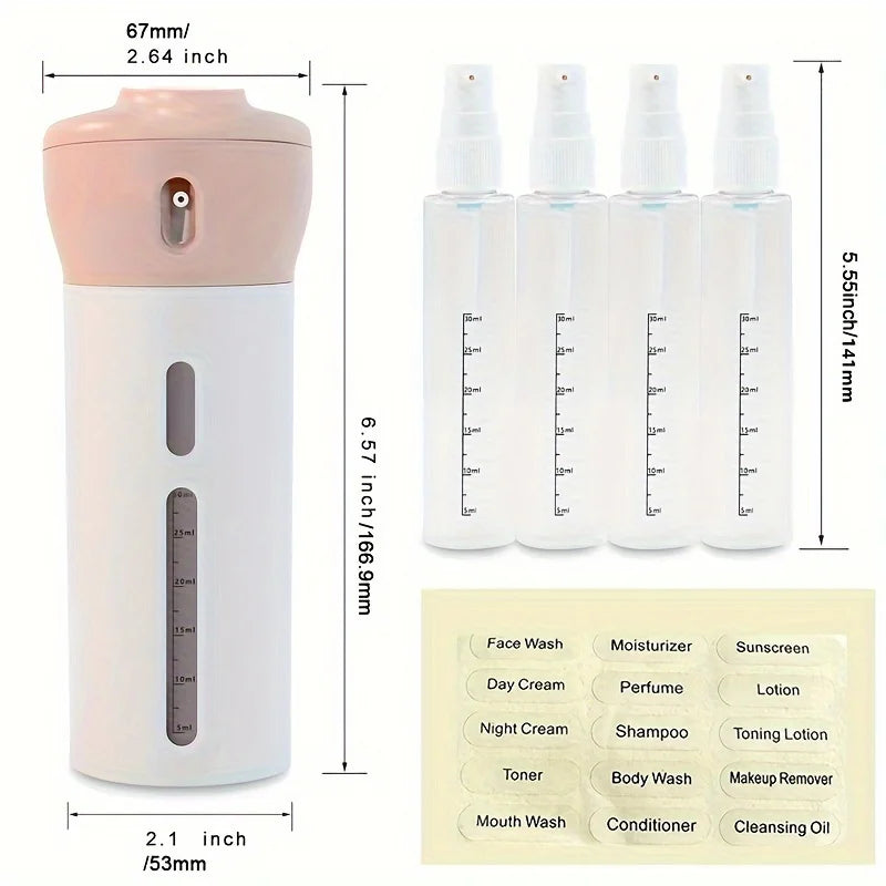 Dispensador de Viaje 4 en 1 | Botella Recargable para Shampoo, Gel, Loción y Acondicionador