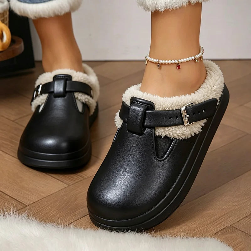 Zapatillas peludas de Eva impermeables para mujer, pantuflas cálidas de felpa.
