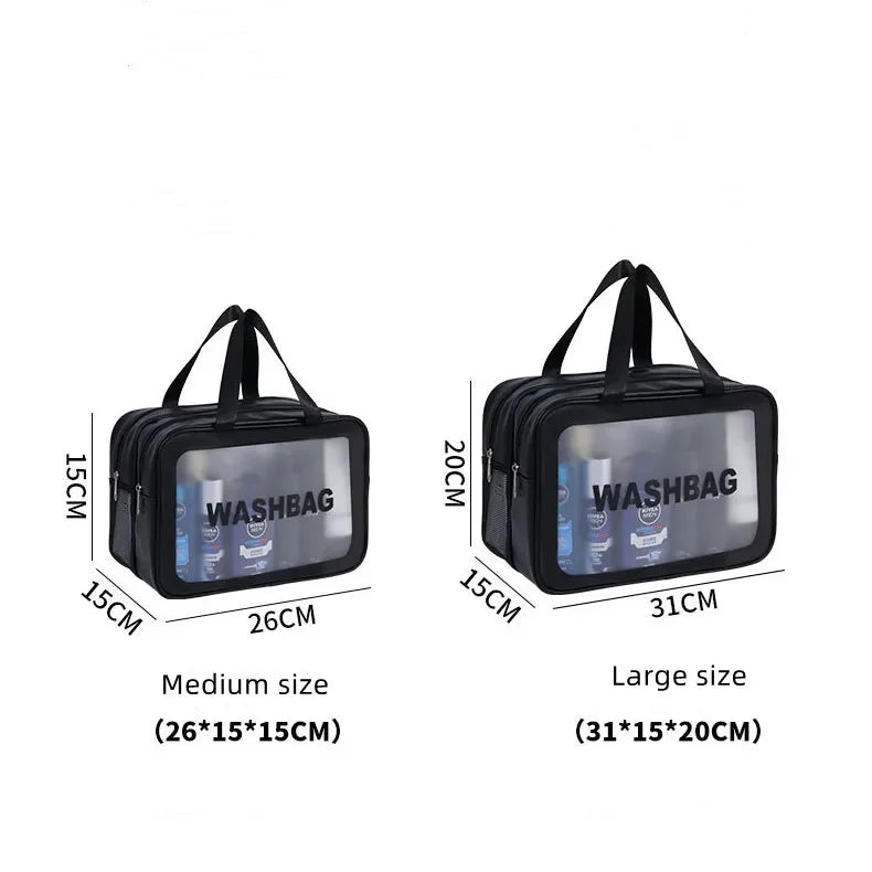 Bolsa de maquillaje de PU transparente doble con separación en seco y húmedo, bolsa de lavado portátil, bolsa de almacenamiento de cosméticos, artículos esenciales para viajes, fitness y natación