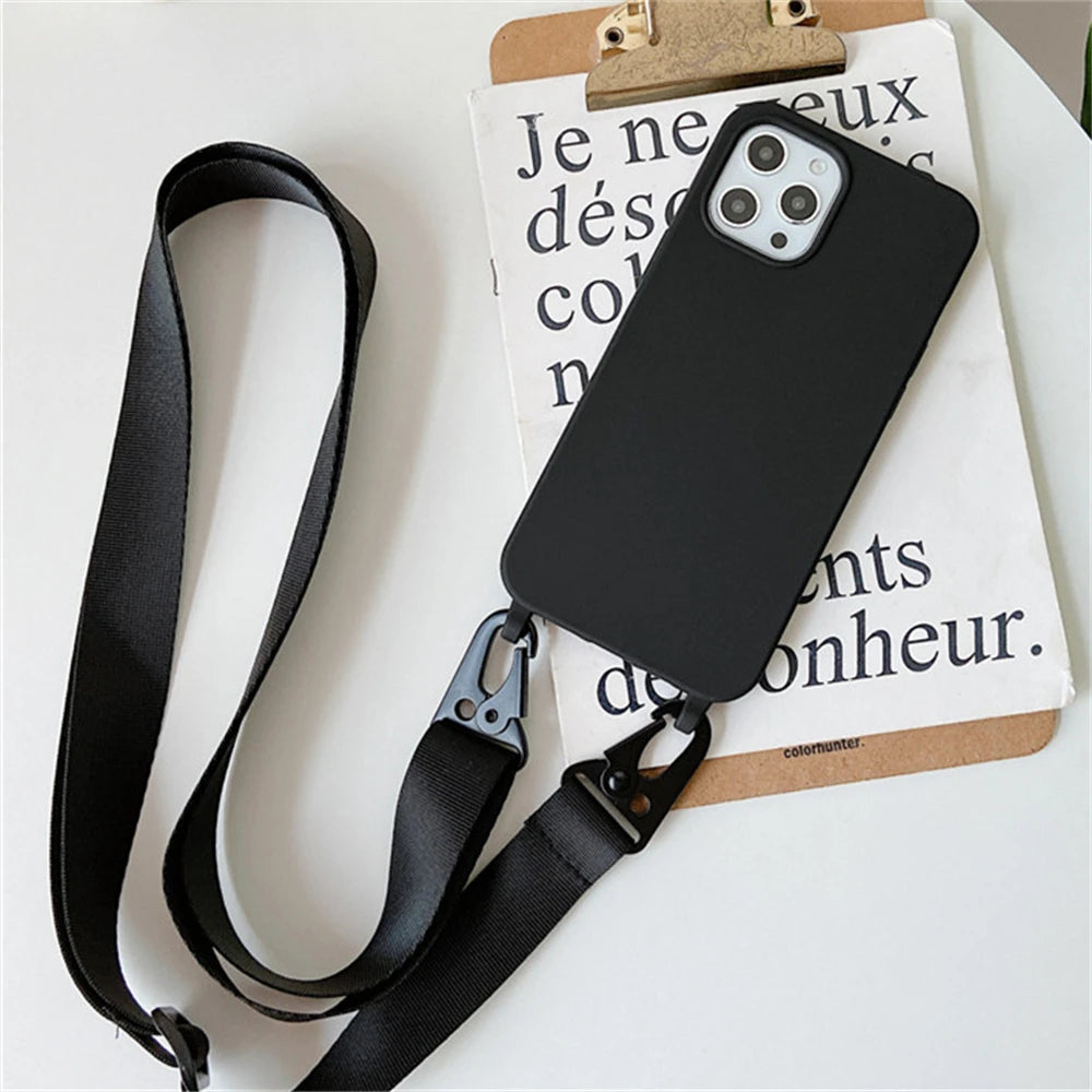 Funda de silicona mate con cordón y correa para collar cruzado para iPhone 17 16 15 14 Pro Max 11 12 13 XR X XS 8 Plus