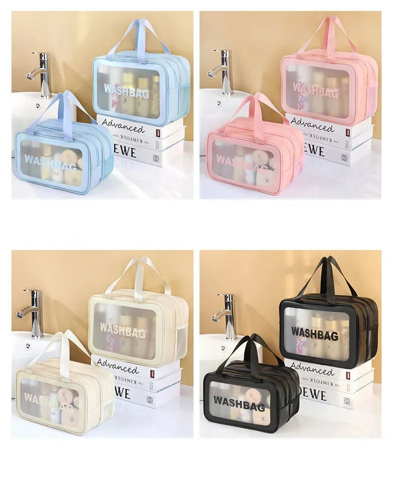 Bolsa de maquillaje de PU transparente doble con separación en seco y húmedo, bolsa de lavado portátil, bolsa de almacenamiento de cosméticos, artículos esenciales para viajes, fitness y natación