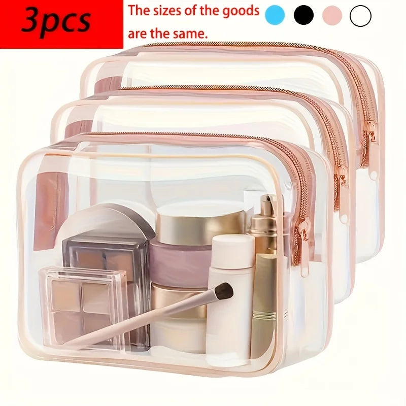 Set de 3 Bolsas de Maquillaje Transparentes con Borde de Color | Organizador de Viaje