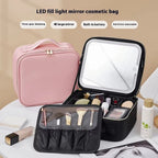 1 bolsa de almacenamiento de maquillaje impermeable con luz LED de gran capacidad con luz de espejo ajustable, con divisores ajustables, soporte duradero para brochas de maquillaje y espejo extraíble