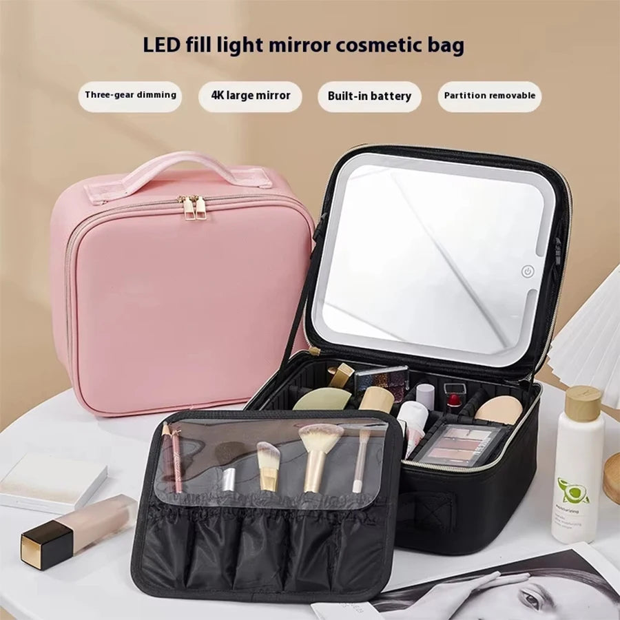 1 bolsa de almacenamiento de maquillaje impermeable con luz LED de gran capacidad con luz de espejo ajustable, con divisores ajustables, soporte duradero para brochas de maquillaje y espejo extraíble