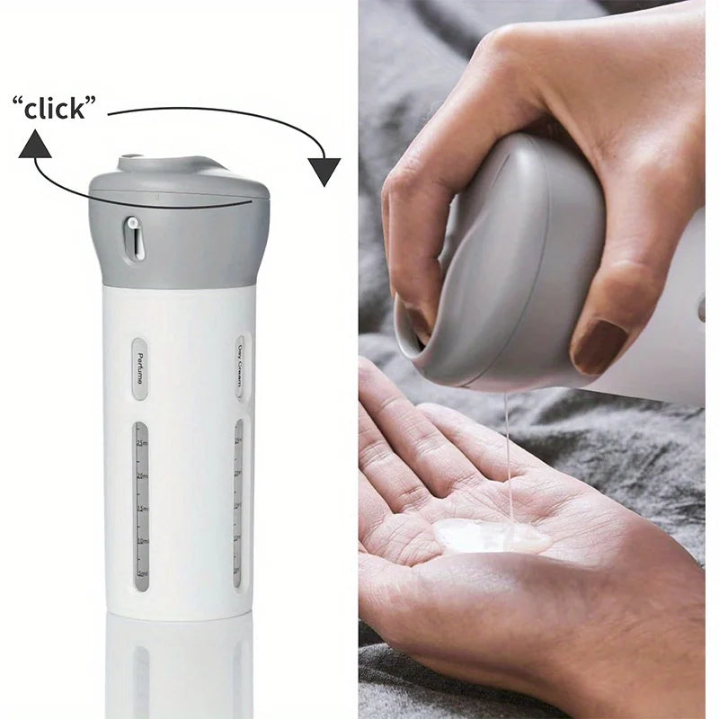 Dispensador de Viaje 4 en 1 | Botella Recargable para Shampoo, Gel, Loción y Acondicionador