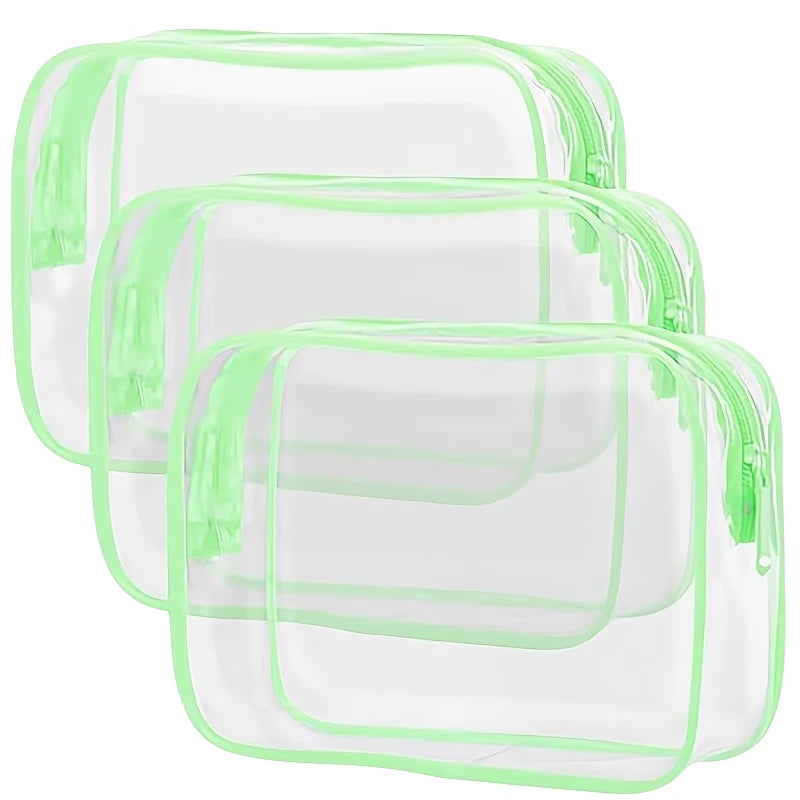 Set de 3 Bolsas de Maquillaje Transparentes con Borde de Color | Organizador de Viaje