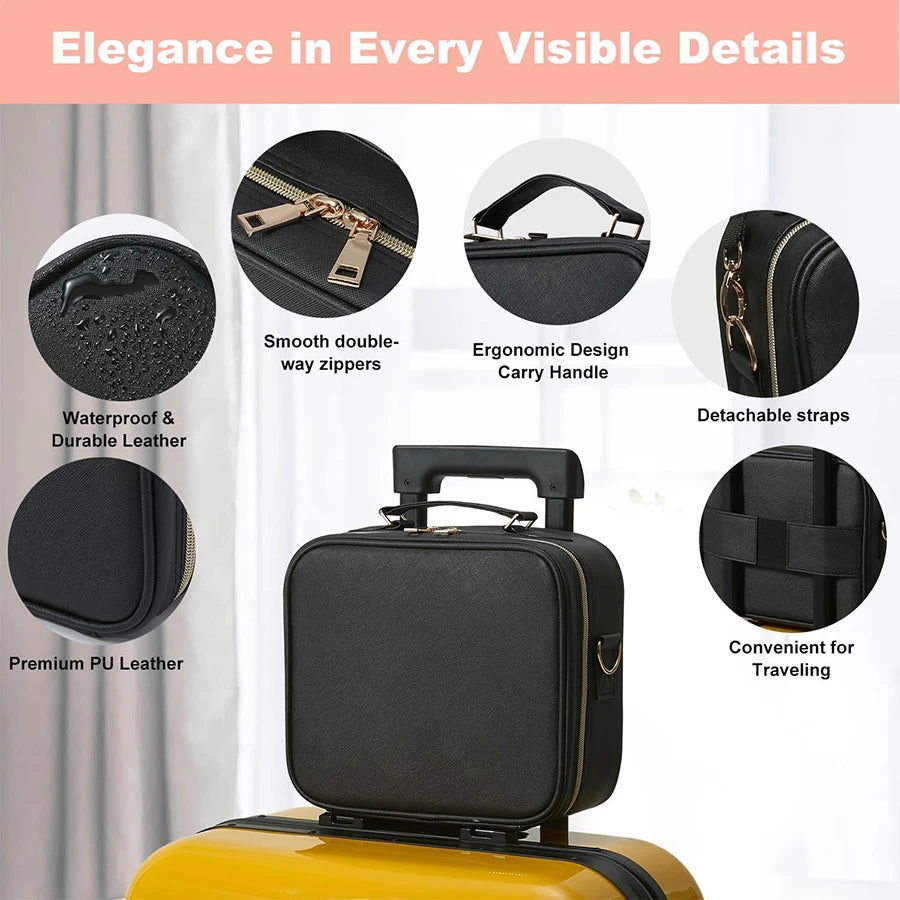 1 bolsa de almacenamiento de maquillaje impermeable con luz LED de gran capacidad con luz de espejo ajustable, con divisores ajustables, soporte duradero para brochas de maquillaje y espejo extraíble