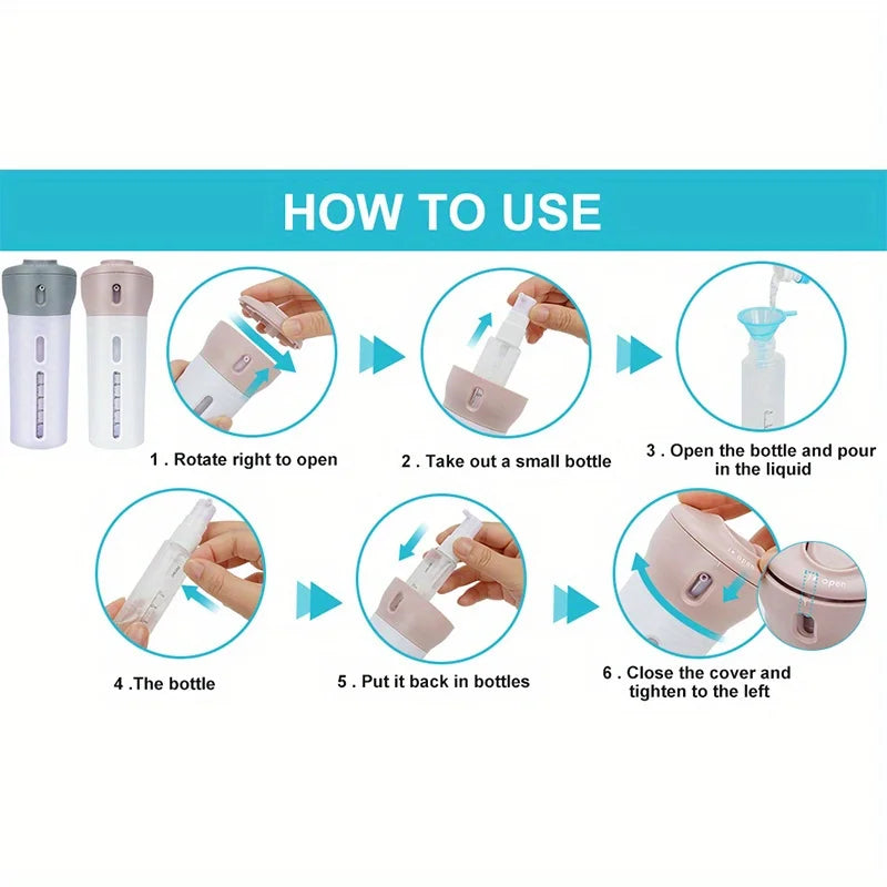 Dispensador de Viaje 4 en 1 | Botella Recargable para Shampoo, Gel, Loción y Acondicionador