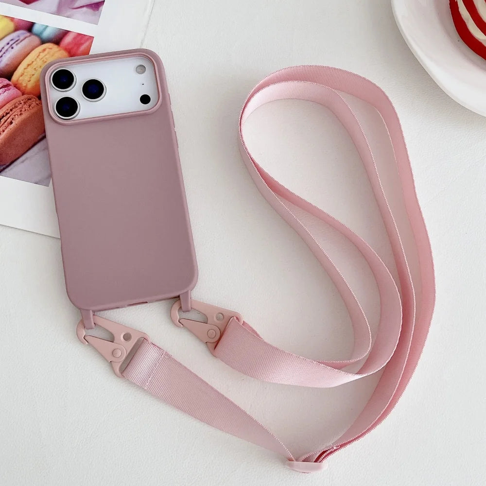Funda de silicona mate con cordón y correa para collar cruzado para iPhone 17 16 15 14 Pro Max 11 12 13 XR X XS 8 Plus
