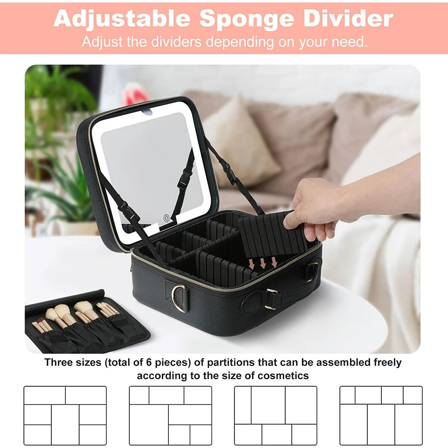 1 bolsa de almacenamiento de maquillaje impermeable con luz LED de gran capacidad con luz de espejo ajustable, con divisores ajustables, soporte duradero para brochas de maquillaje y espejo extraíble
