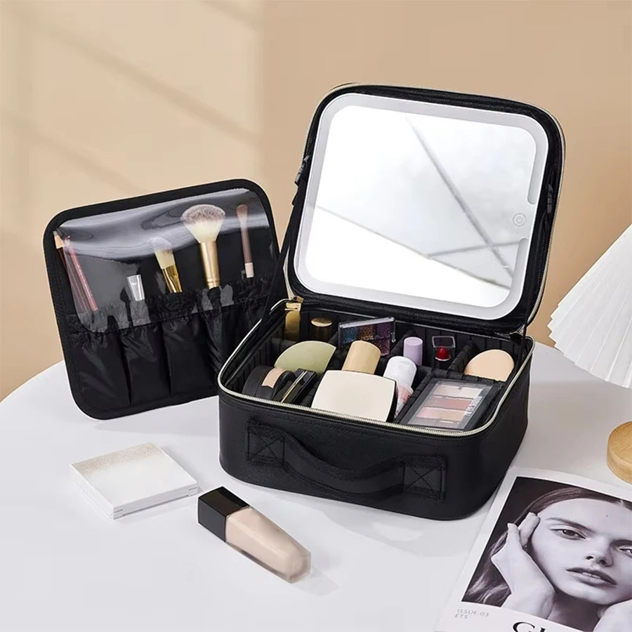 1 bolsa de almacenamiento de maquillaje impermeable con luz LED de gran capacidad con luz de espejo ajustable, con divisores ajustables, soporte duradero para brochas de maquillaje y espejo extraíble