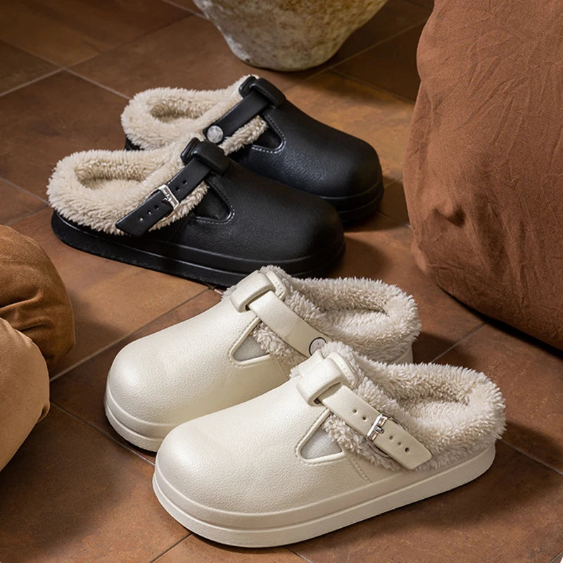 Zapatillas peludas de Eva impermeables para mujer, pantuflas cálidas de felpa.