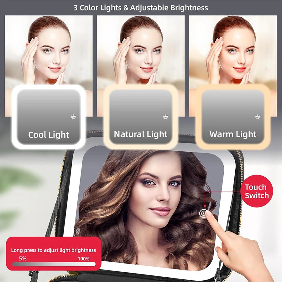 1 bolsa de almacenamiento de maquillaje impermeable con luz LED de gran capacidad con luz de espejo ajustable, con divisores ajustables, soporte duradero para brochas de maquillaje y espejo extraíble