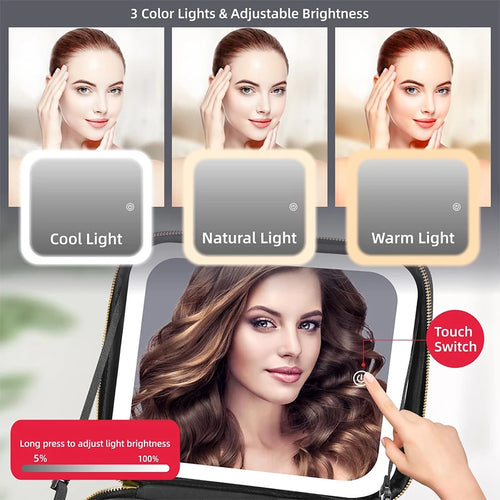 1 bolsa de almacenamiento de maquillaje impermeable con luz LED de gran capacidad con luz de espejo ajustable, con divisores ajustables, soporte duradero para brochas de maquillaje y espejo extraíble