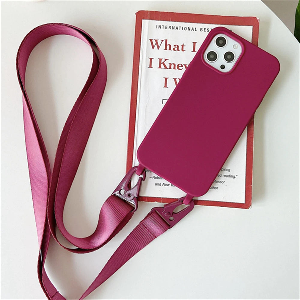 Funda de silicona mate con cordón y correa para collar cruzado para iPhone 17 16 15 14 Pro Max 11 12 13 XR X XS 8 Plus