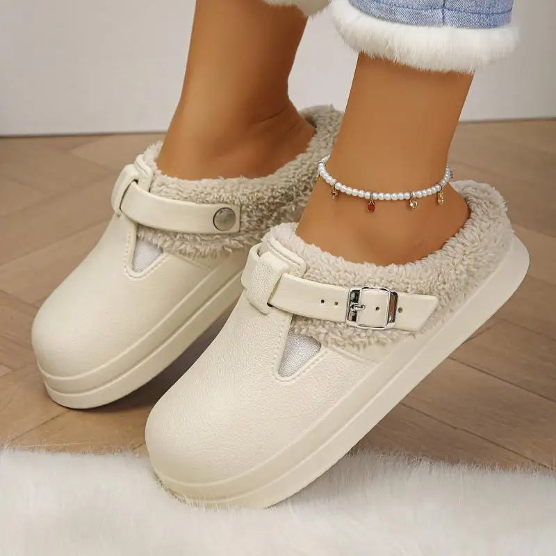 Zapatillas peludas de Eva impermeables para mujer, pantuflas cálidas de felpa.