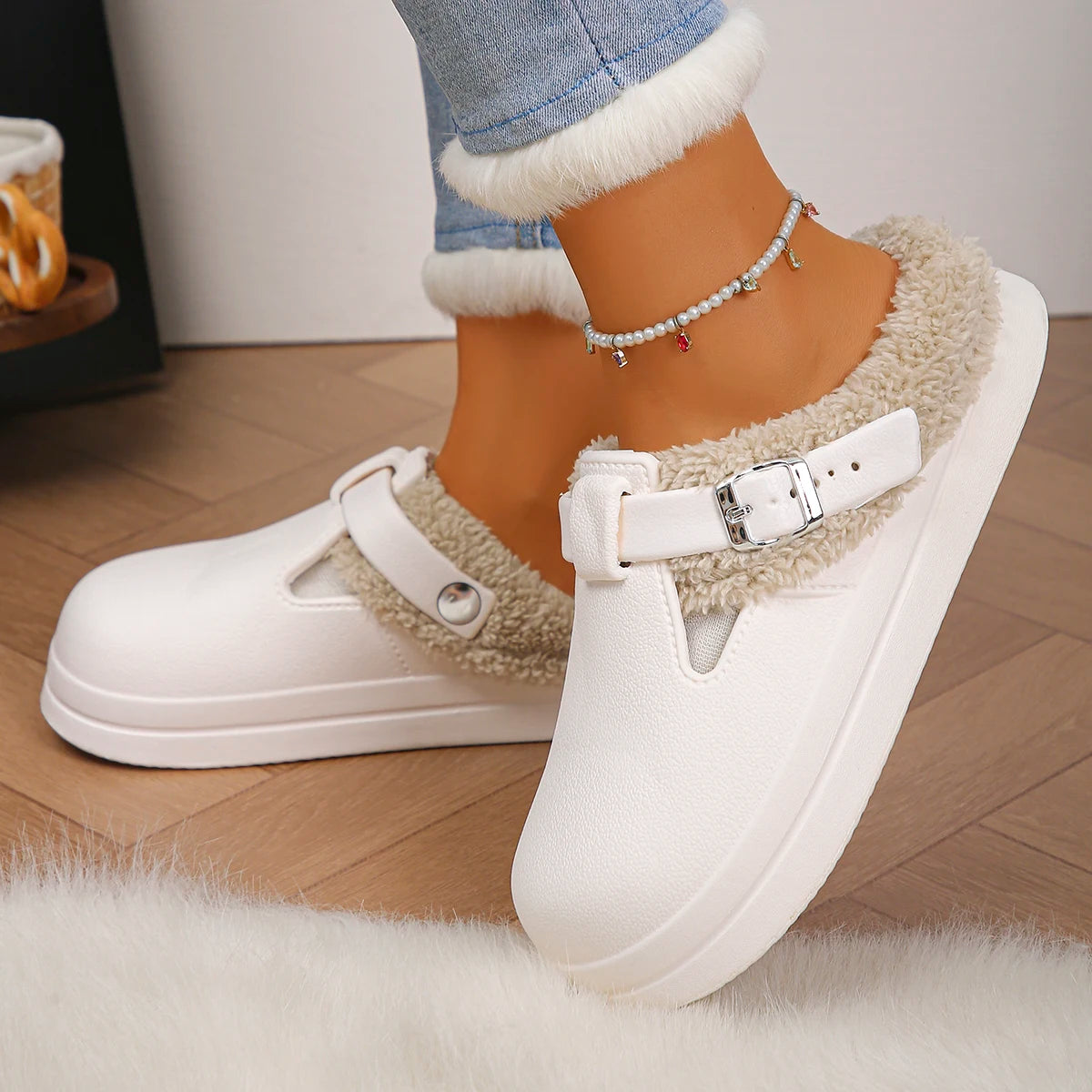 Zapatillas peludas de Eva impermeables para mujer, pantuflas cálidas de felpa.