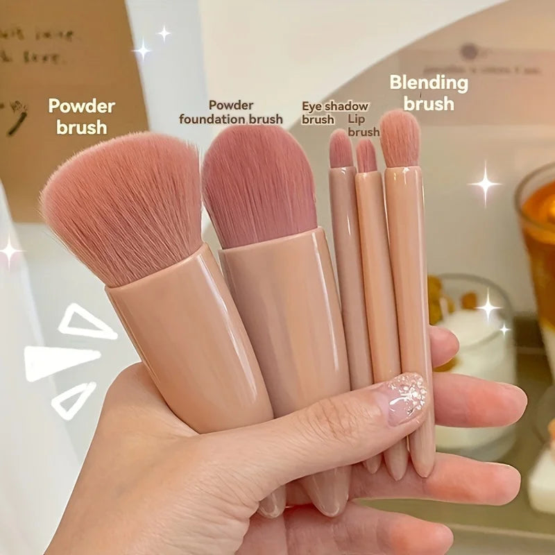Juego de brochas de maquillaje portátiles de 5 piezas con espejo - Kit de viaje plegable, mini juego de brochas de maquillaje Juego de brochas de maquillaje de viaje