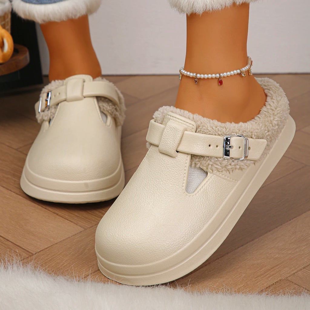 Zapatillas peludas de Eva impermeables para mujer, pantuflas cálidas de felpa.