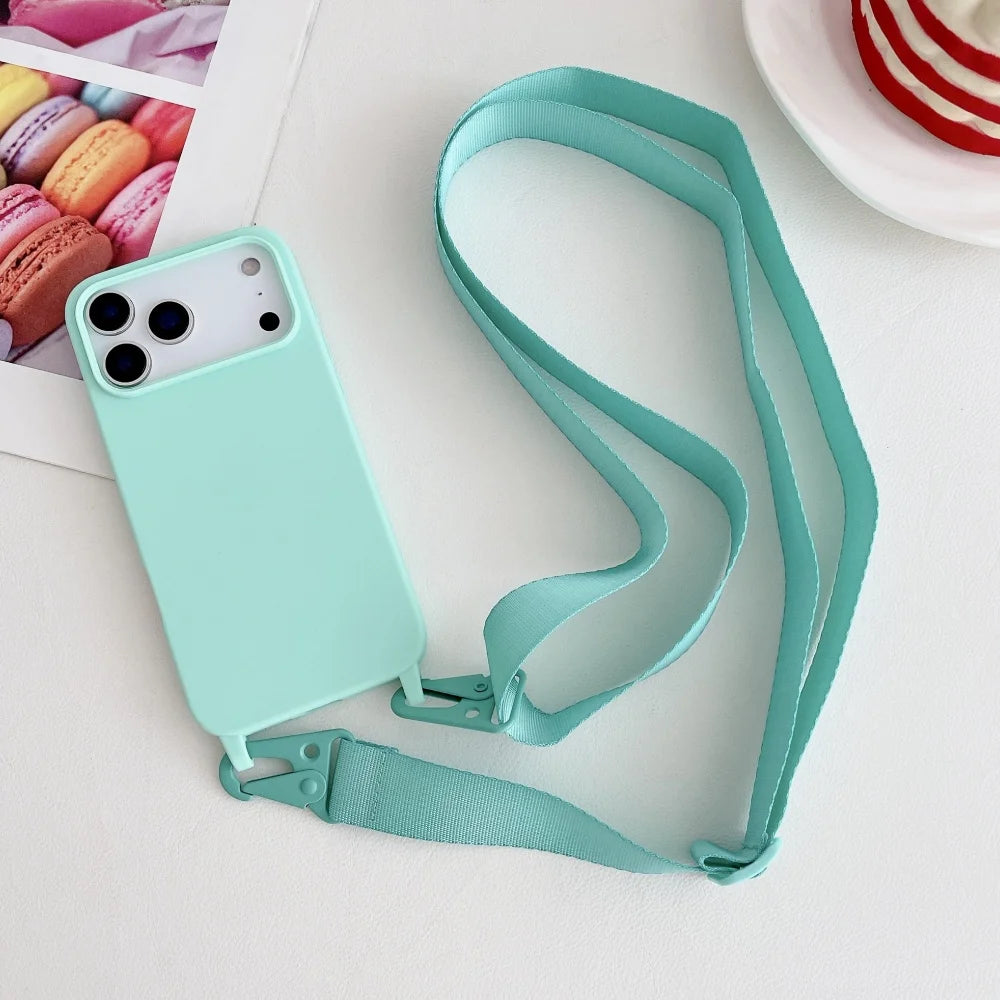Funda de silicona mate con cordón y correa para collar cruzado para iPhone 17 16 15 14 Pro Max 11 12 13 XR X XS 8 Plus