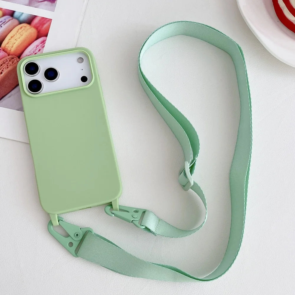 Funda de silicona mate con cordón y correa para collar cruzado para iPhone 17 16 15 14 Pro Max 11 12 13 XR X XS 8 Plus