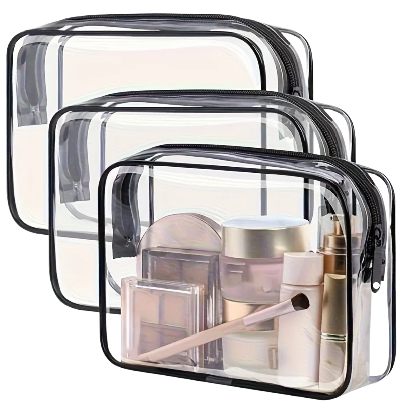 Set de 3 Bolsas de Maquillaje Transparentes con Borde de Color | Organizador de Viaje