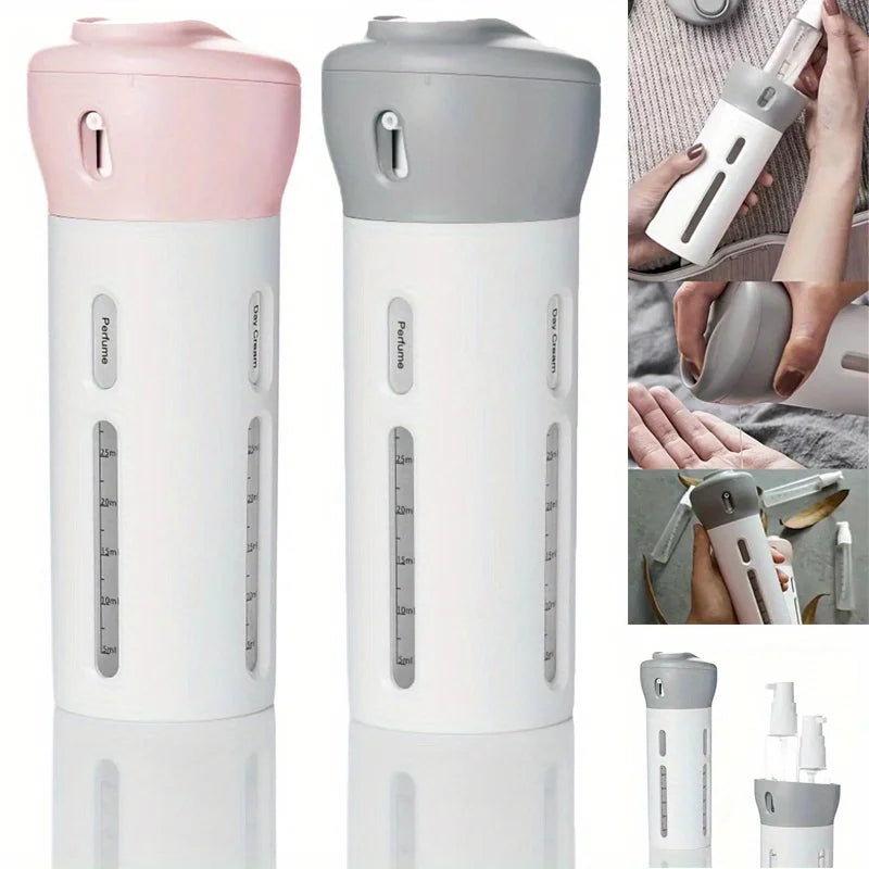 Dispensador de Viaje 4 en 1 | Botella Recargable para Shampoo, Gel, Loción y Acondicionador