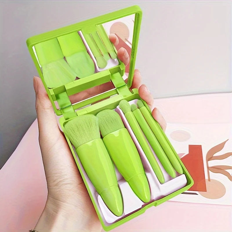 Juego de brochas de maquillaje portátiles de 5 piezas con espejo - Kit de viaje plegable, mini juego de brochas de maquillaje Juego de brochas de maquillaje de viaje