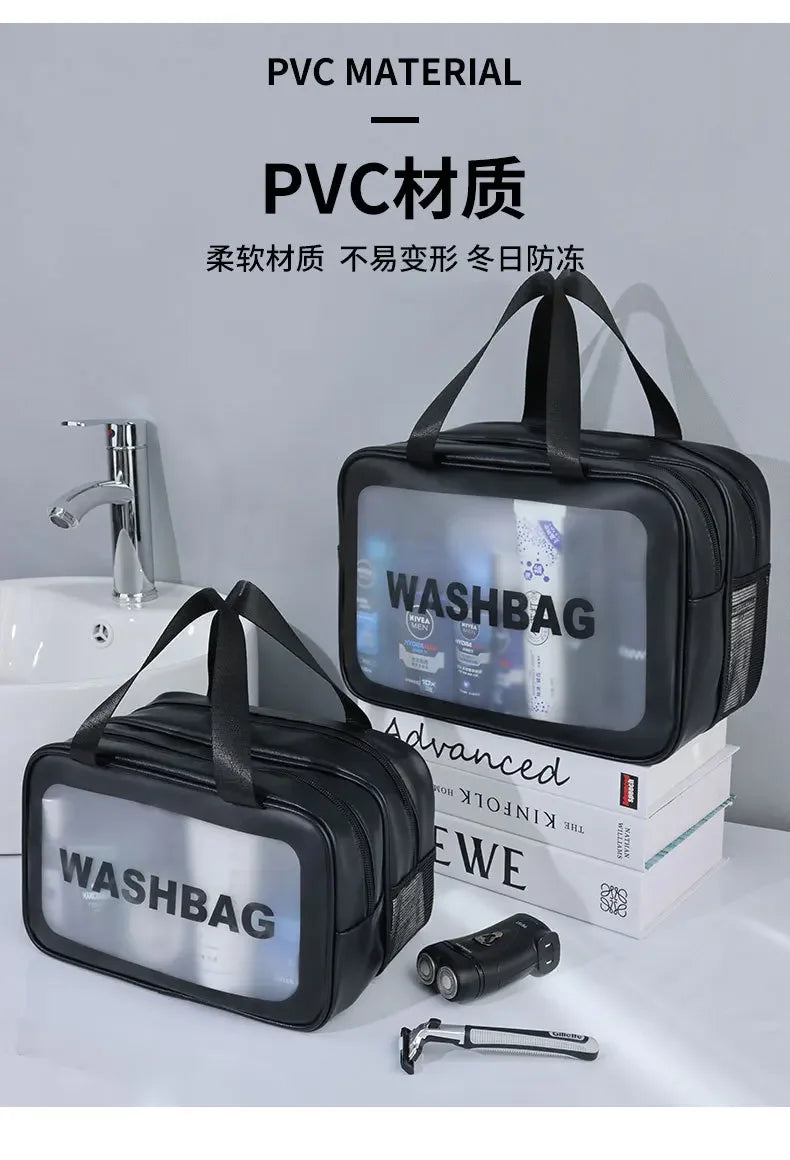 Bolsa de maquillaje de PU transparente doble con separación en seco y húmedo, bolsa de lavado portátil, bolsa de almacenamiento de cosméticos, artículos esenciales para viajes, fitness y natación