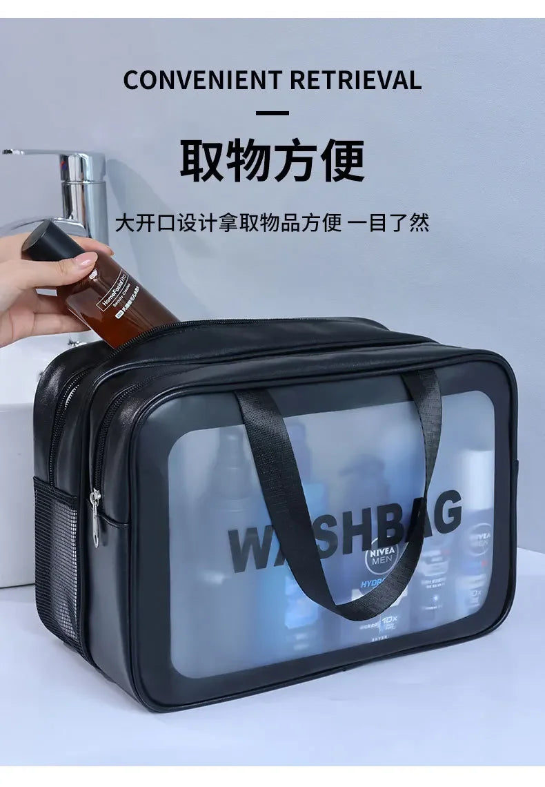 Bolsa de maquillaje de PU transparente doble con separación en seco y húmedo, bolsa de lavado portátil, bolsa de almacenamiento de cosméticos, artículos esenciales para viajes, fitness y natación