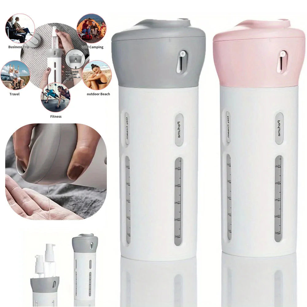 Dispensador de Viaje 4 en 1 | Botella Recargable para Shampoo, Gel, Loción y Acondicionador