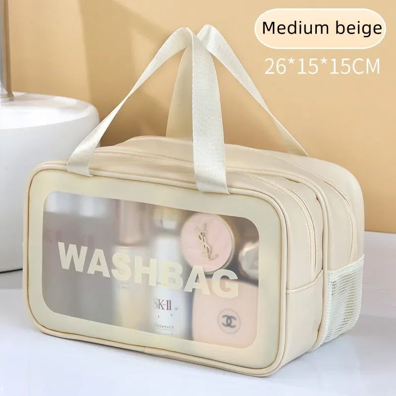 Bolsa de maquillaje de PU transparente doble con separación en seco y húmedo, bolsa de lavado portátil, bolsa de almacenamiento de cosméticos, artículos esenciales para viajes, fitness y natación