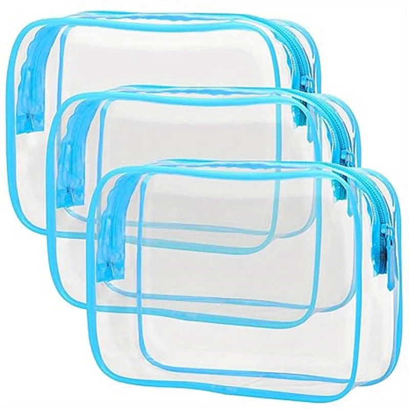 Set de 3 Bolsas de Maquillaje Transparentes con Borde de Color | Organizador de Viaje