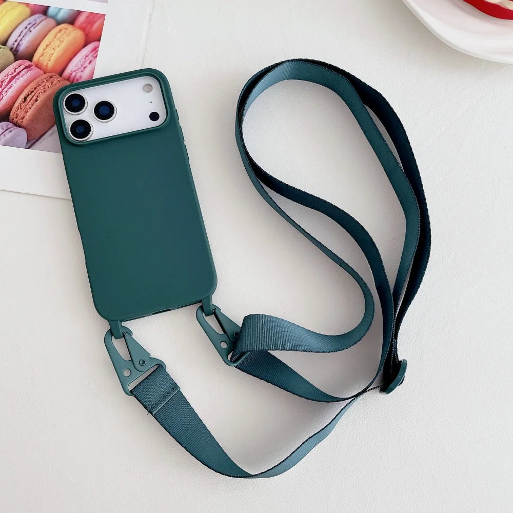 Funda de silicona mate con cordón y correa para collar cruzado para iPhone 17 16 15 14 Pro Max 11 12 13 XR X XS 8 Plus