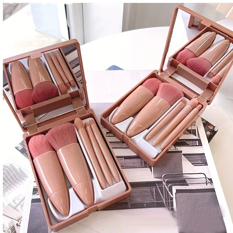 Juego de brochas de maquillaje portátiles de 5 piezas con espejo - Kit de viaje plegable, mini juego de brochas de maquillaje Juego de brochas de maquillaje de viaje